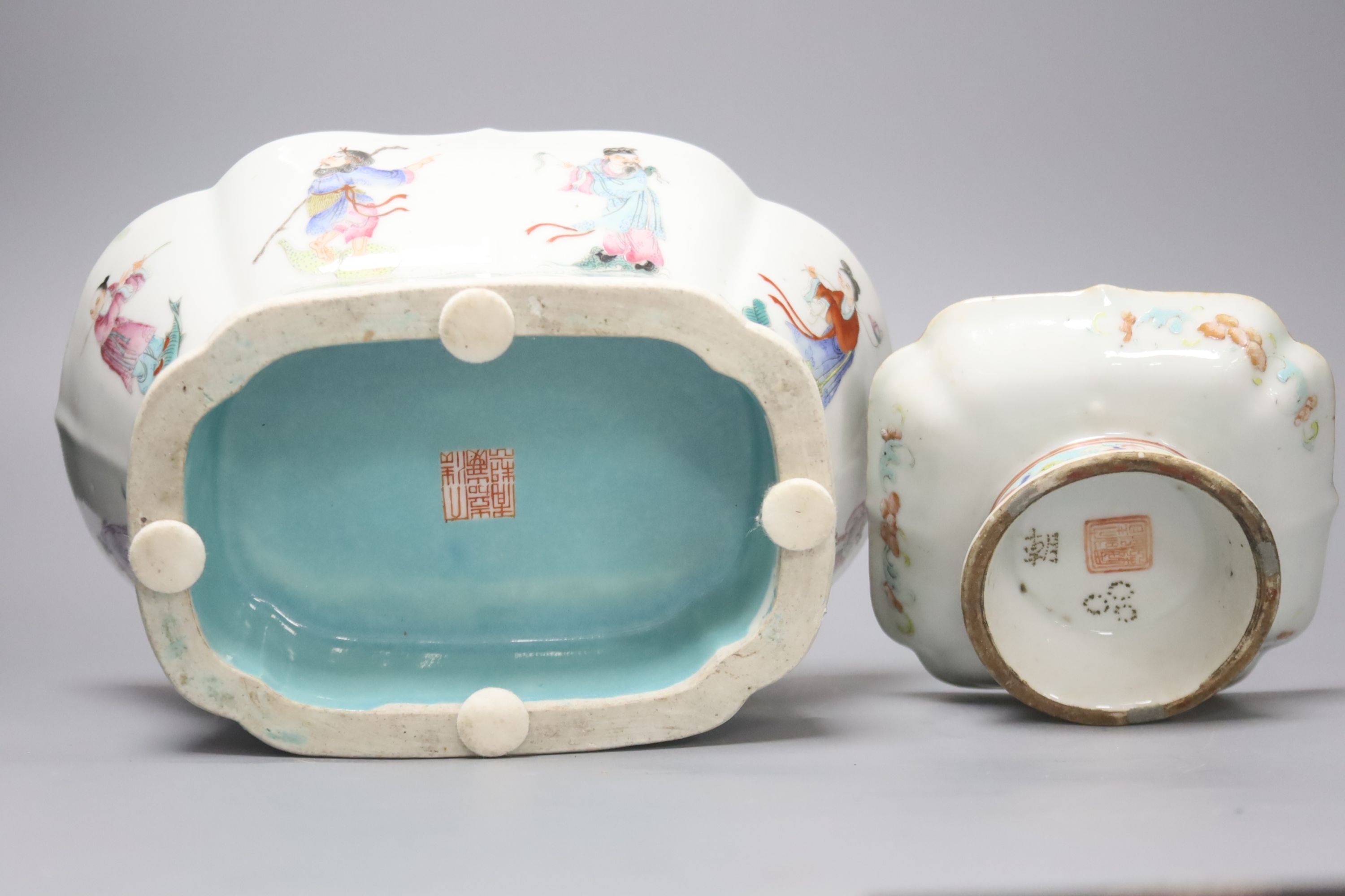 A Chinese small square porcelain bowl, Jiaqing mark, and four items of late 19th/early 20th century Chinese porcelain